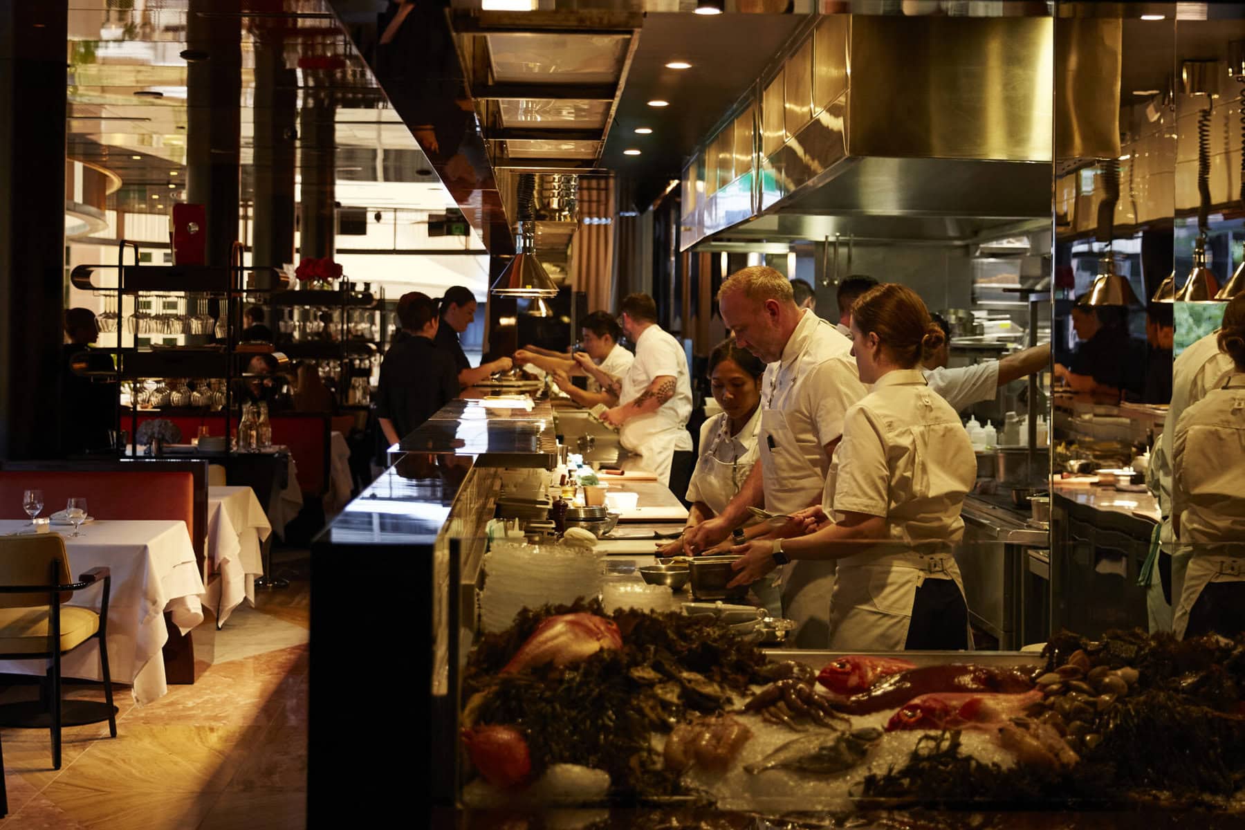 Chefs working the open kitchen at The Grill